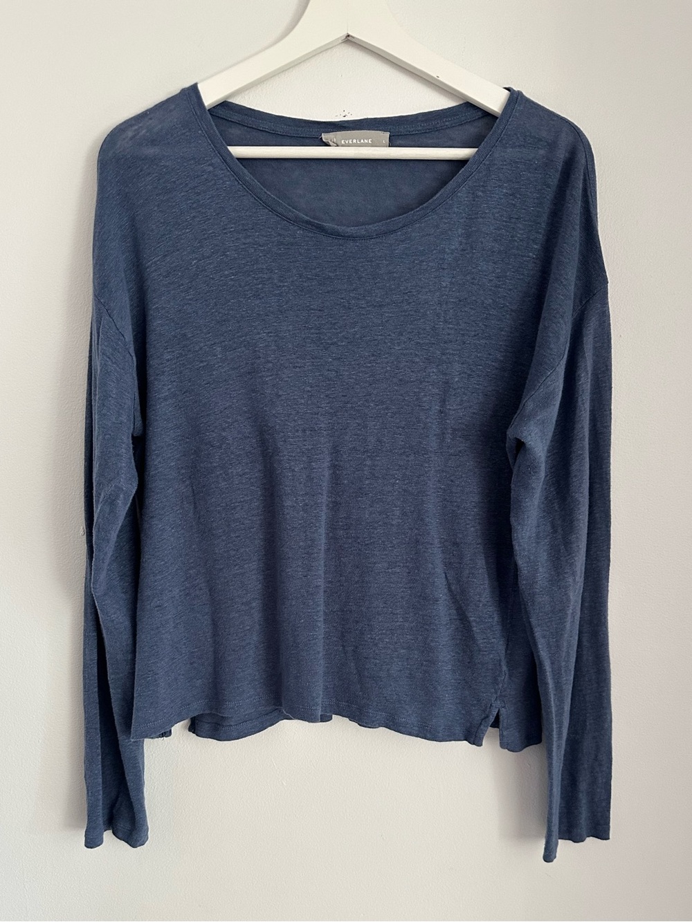 Everlane 100% Linen Slate Blue Long Sleeve Scoop Neck Tee Size Large